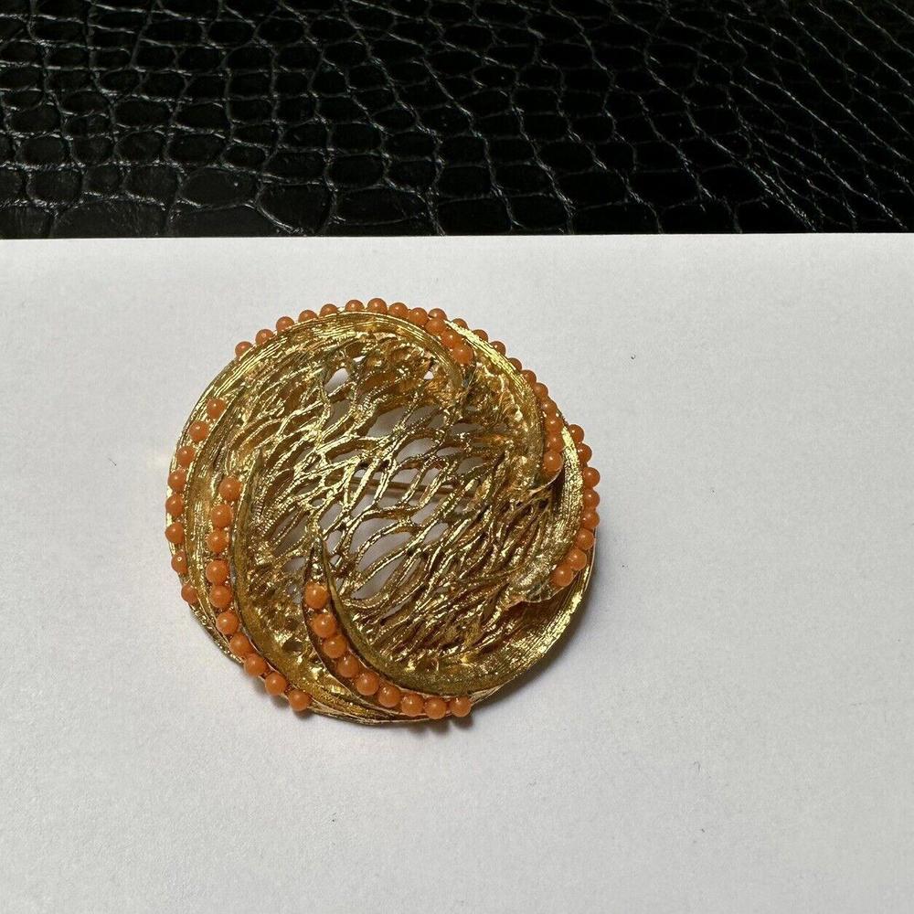 Vintage Signed BSK Coral Color Beads Gold Tone Metal Filigree Brooch Pin